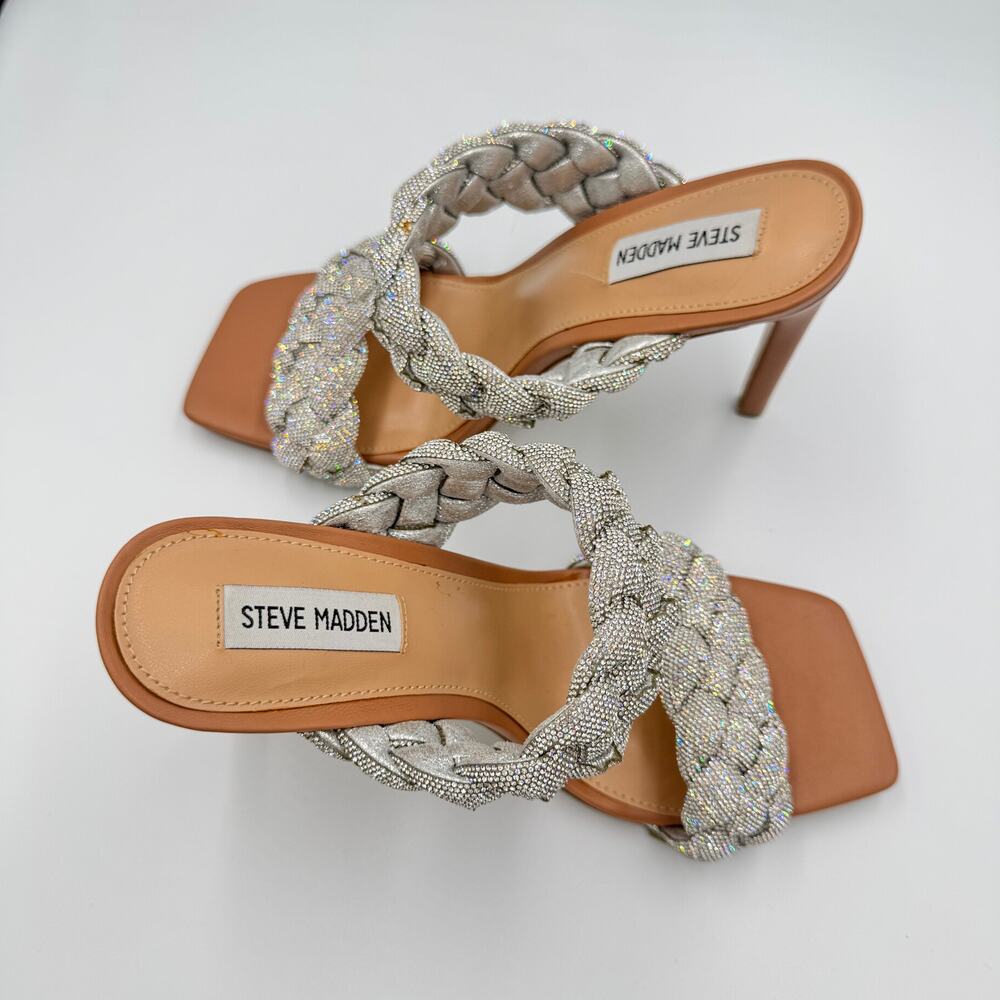Steve Madden Kenley Silver Rhinestone Braided Double Strap Stiletto Mule Heel 10 - Picture 4 of 16